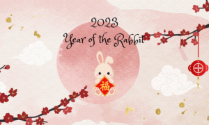 Image of rabbit with text, Year of the Rabbit. Asian motif background.